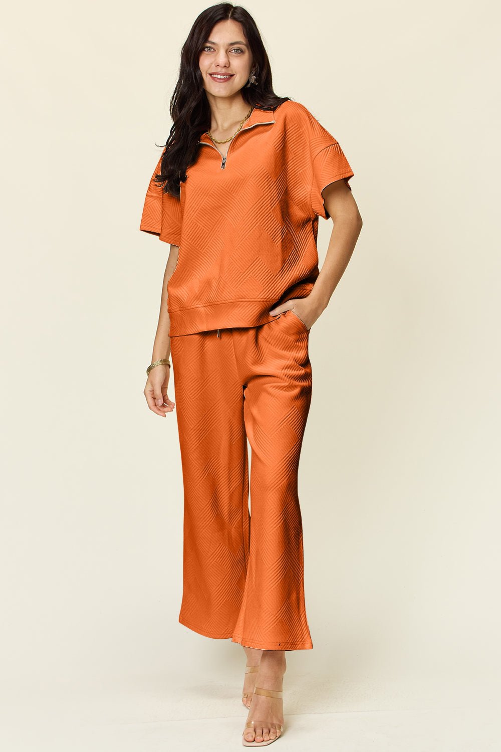 Double TakeTextured Half Zip Short Sleeve Top and Pants Set