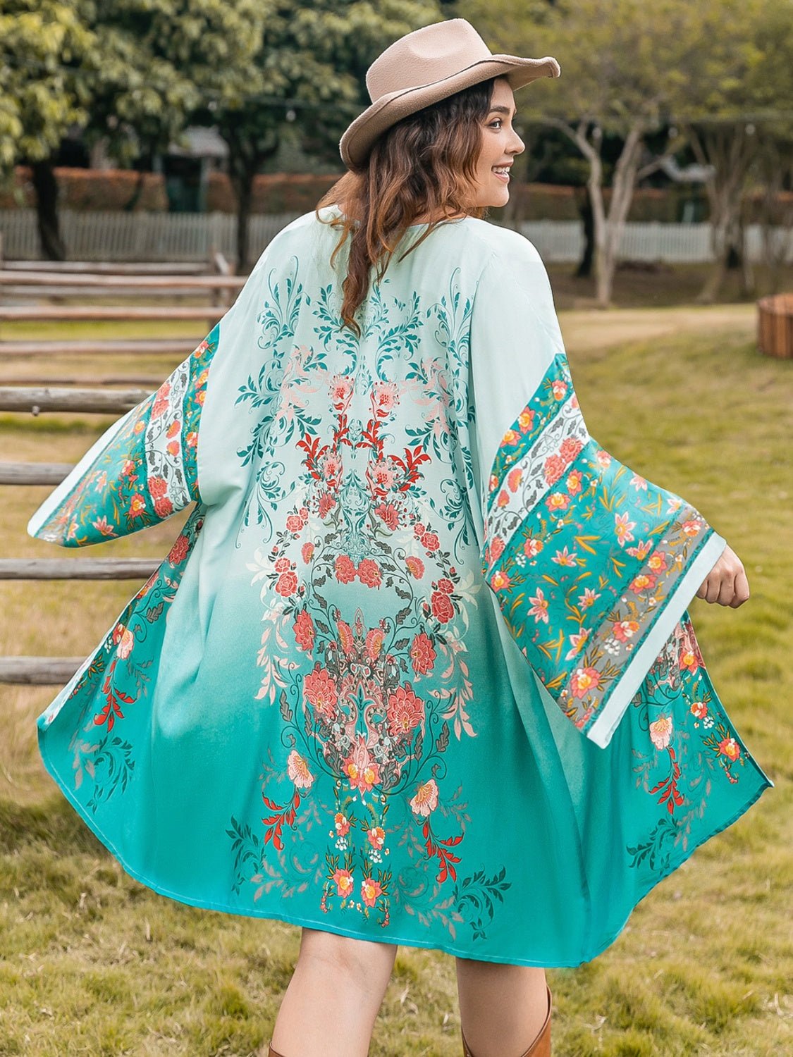 Beach Rose Co.Plus Size Printed Open Front Long Sleeve Cover Up in Turquoise