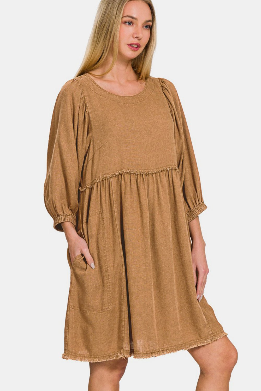 ZenanaPleated Puff Sleeve Babydoll Mini Dress in Deep Camel