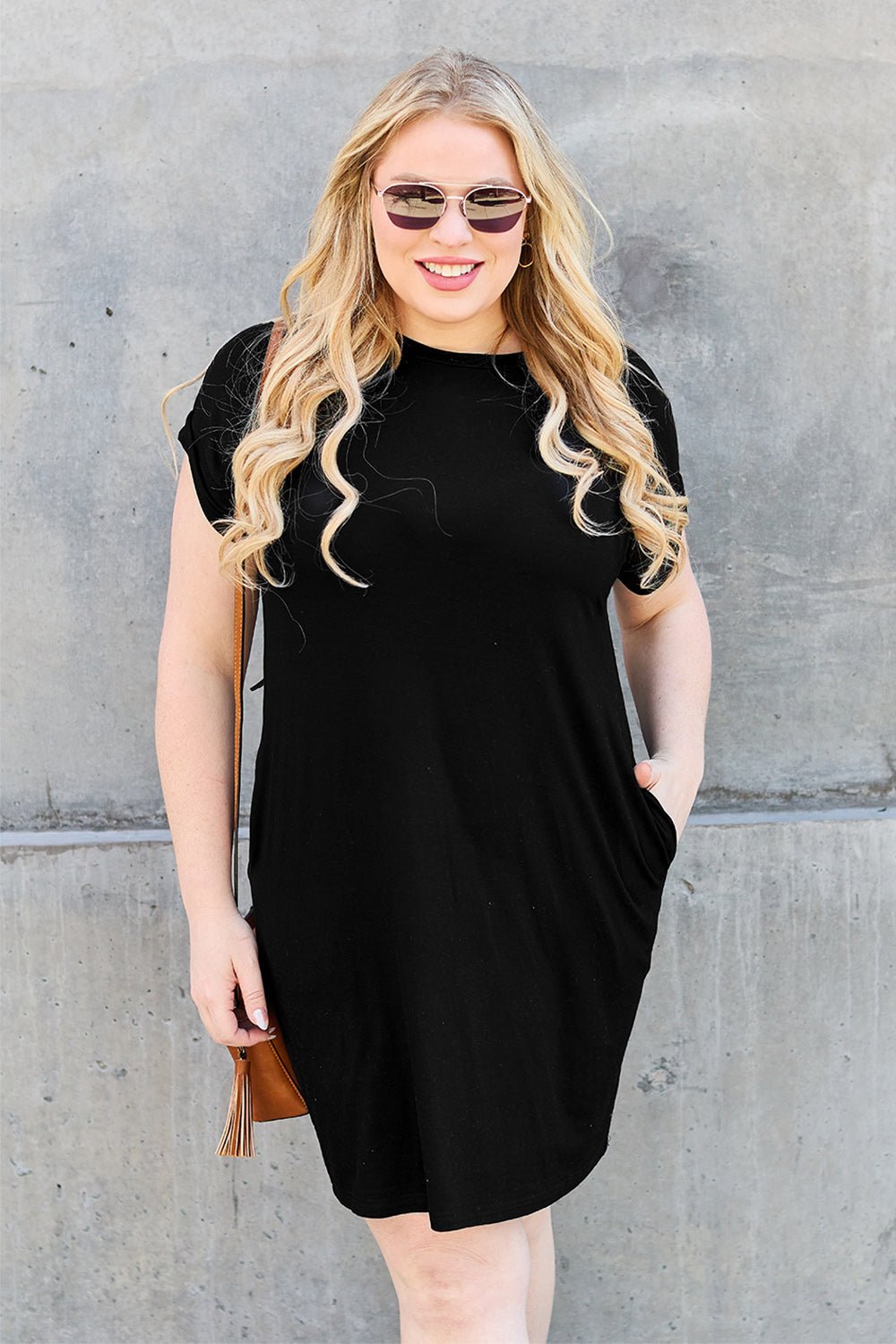 Basic BaeCrew Neck Short Sleeve Mini Tee Dress with Pockets in Black