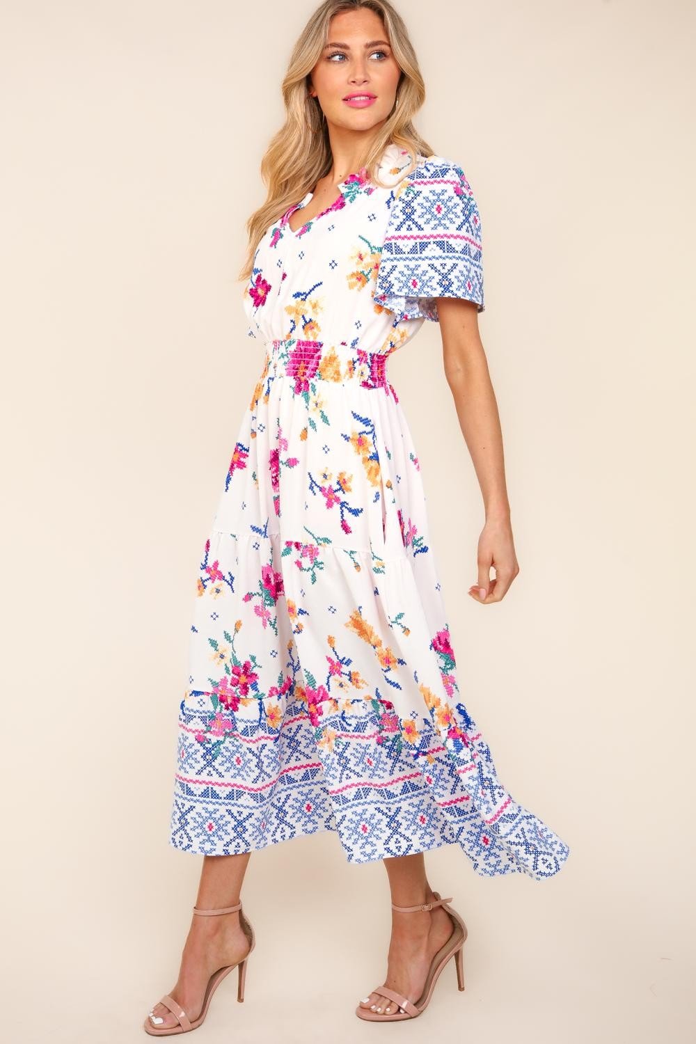 HapticsFloral Print Smocked Waist Maxi Dress in Ivory Blue