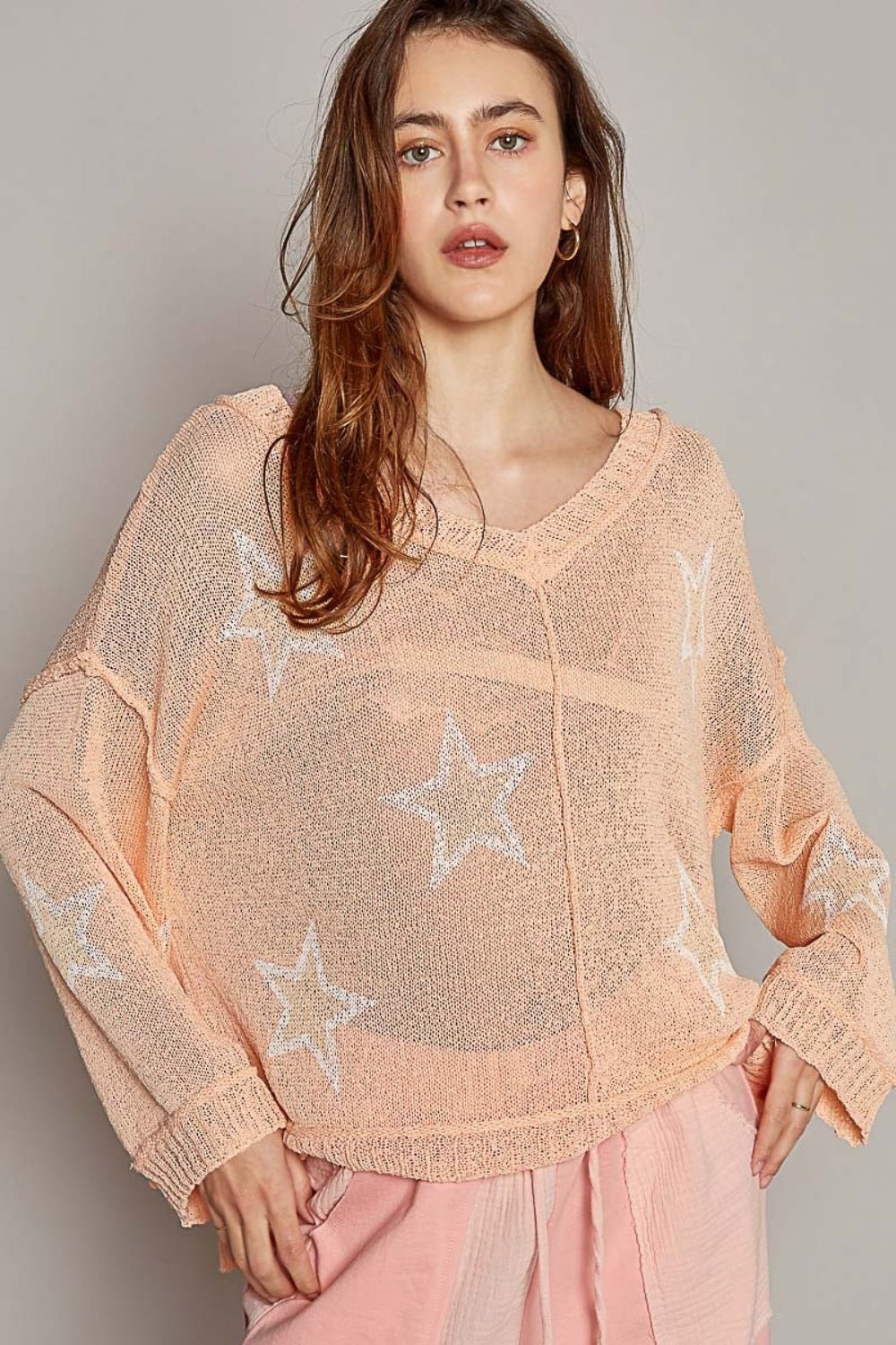 POLV - Neck Long Sleeve Star Print Knit Top in Peach