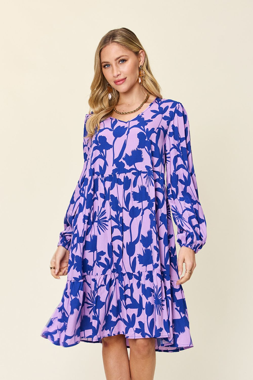 Double TakeFloral Print Ruffle Hem Long Sleeve Knee - Length Dress