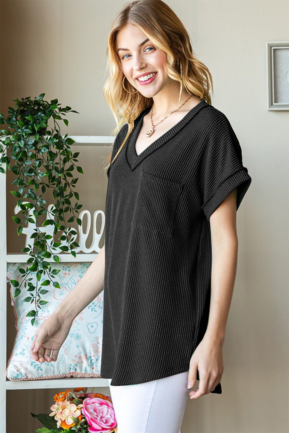 HeimishShort Sleeve V - Neck Rib Knit Top in Black