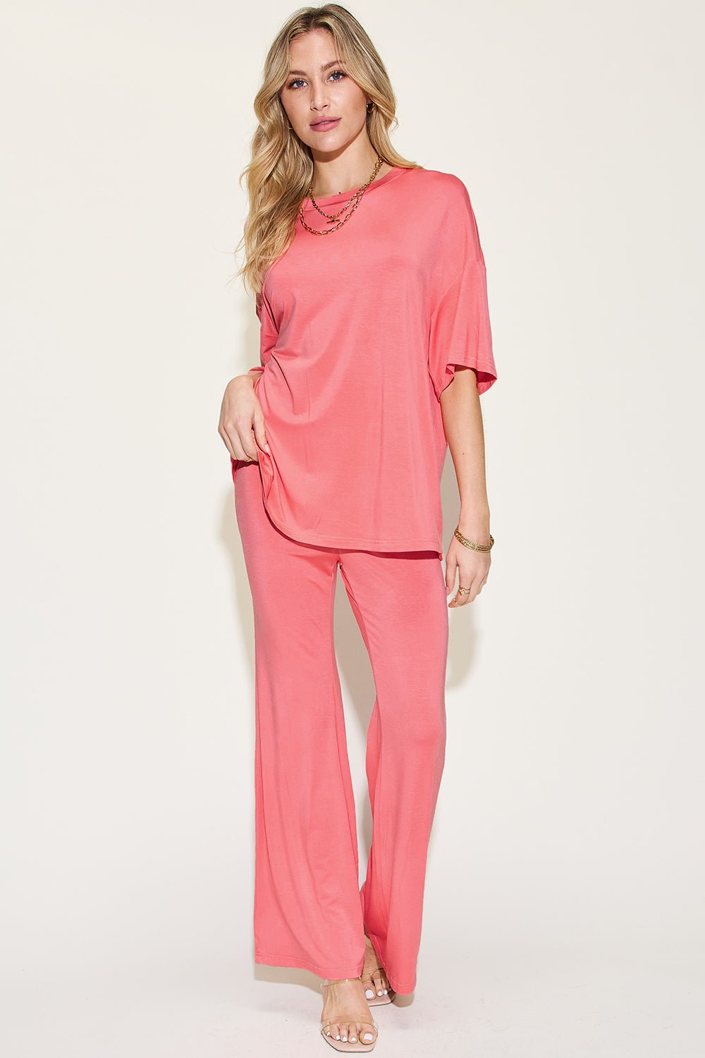 Basic BaeDrop Shoulder T - Shirt and Flare Pants Set