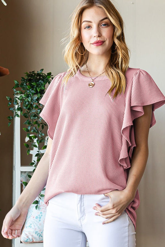 HeimishRuffled Sleeve Rib Knit Top in Mauve