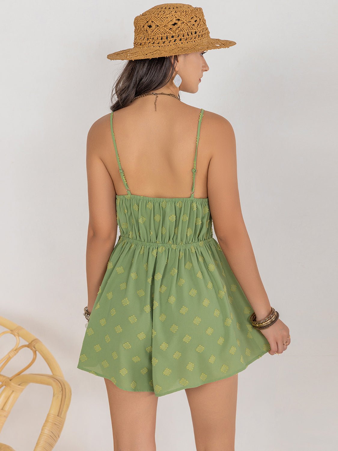 Beach Rose Co.Square Neck Spaghetti Strap Romper in Lime