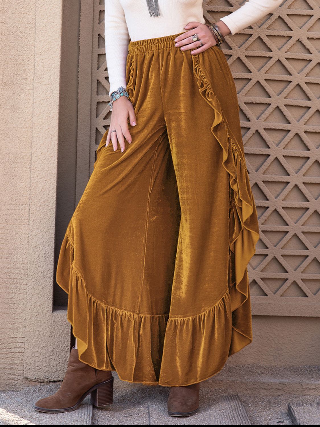 Beach Rose Co.High Side Slit Ruffled Wide Leg Velvet Pants