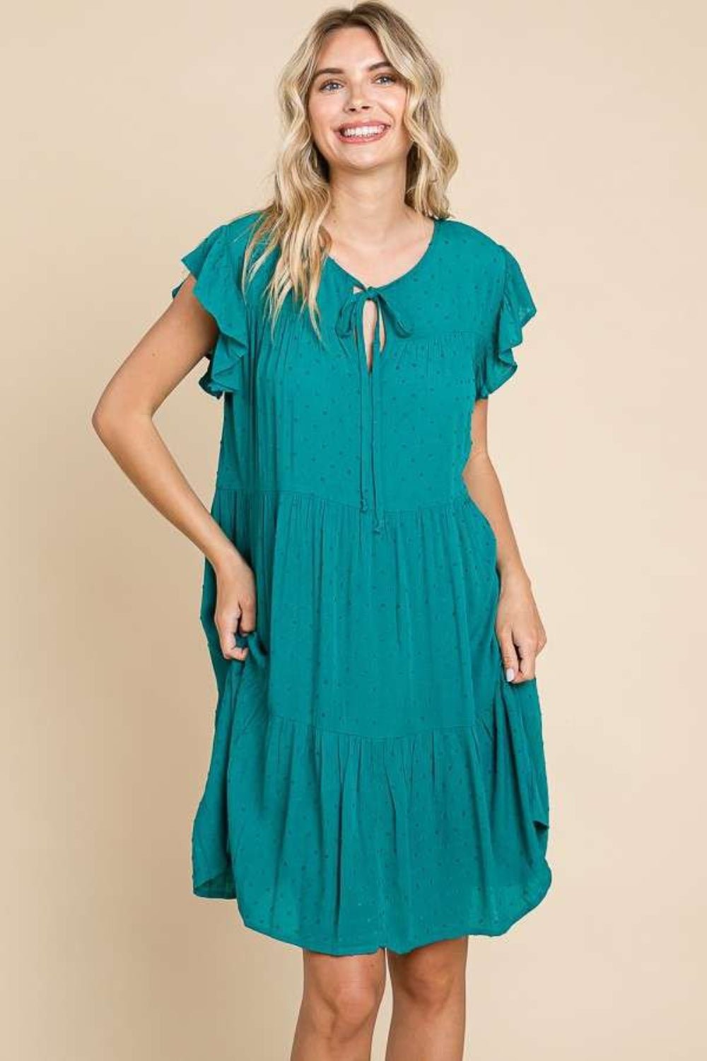 Culture CodeRuffle Cap Sleeve Tiered Mini Dress in Lotus Green