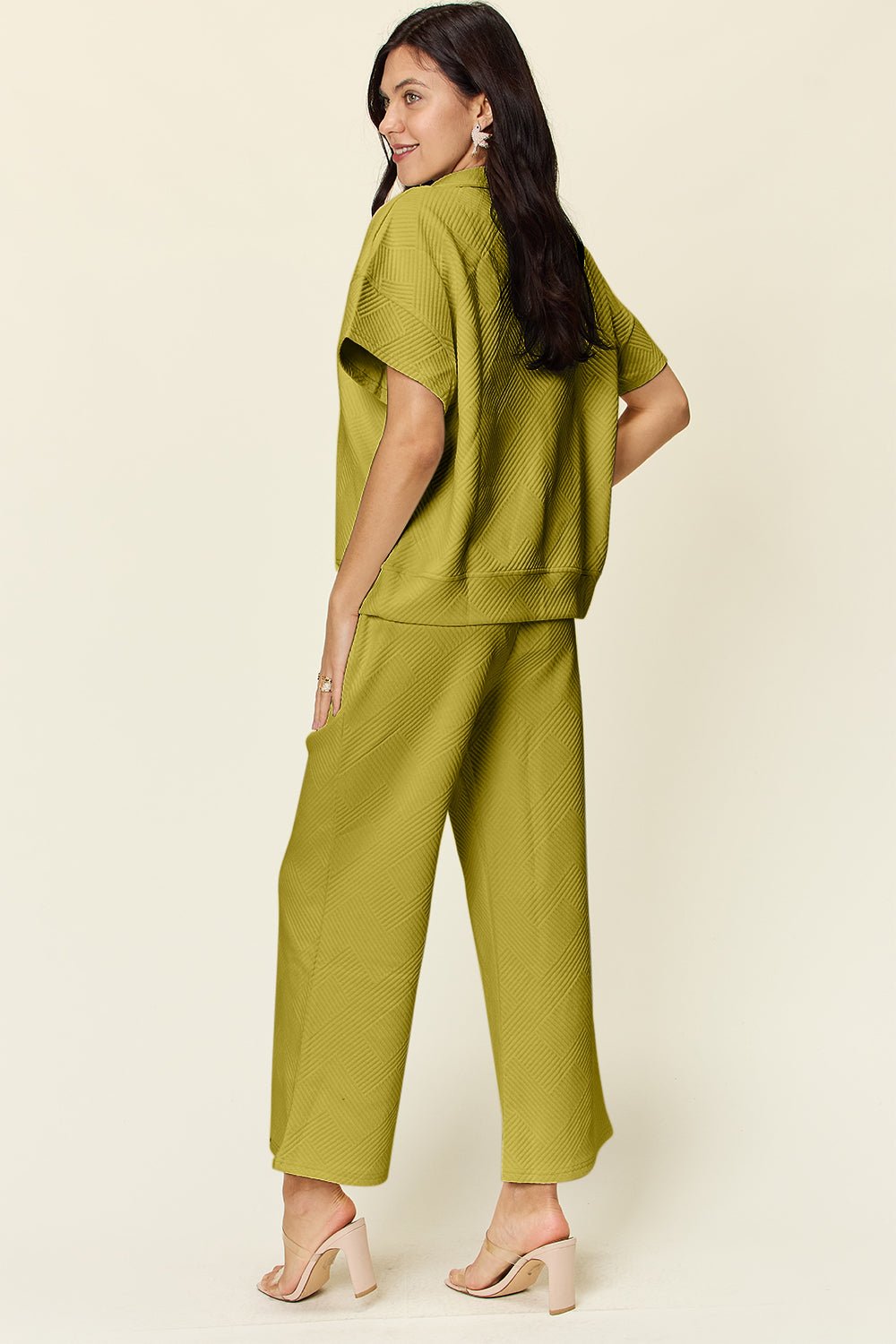 Double TakeTextured Half Zip Short Sleeve Top and Pants Set