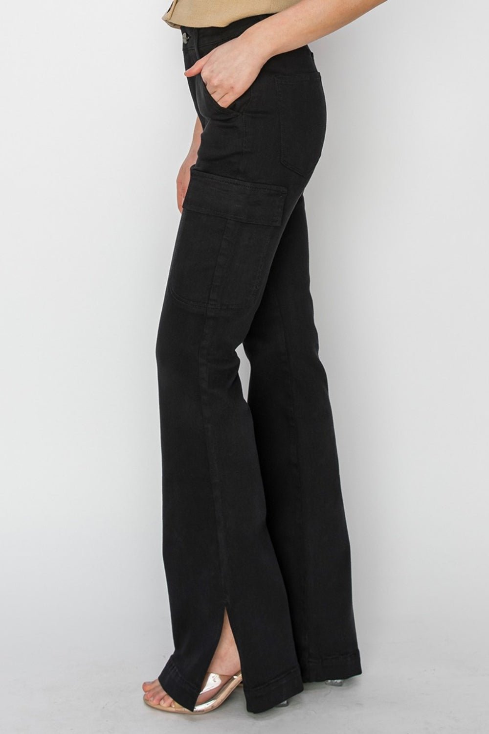 RISENHigh Rise Side Slit Cargo Bootcut Jeans in Black