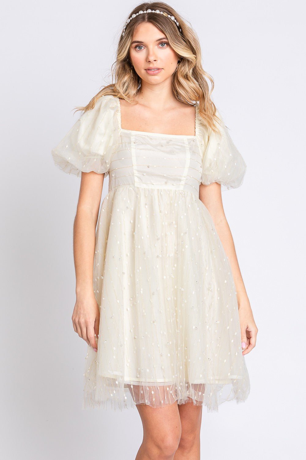 GeeGeePearl Detail Tulle Puff Sleeve Babydoll Mini Dress in Cream