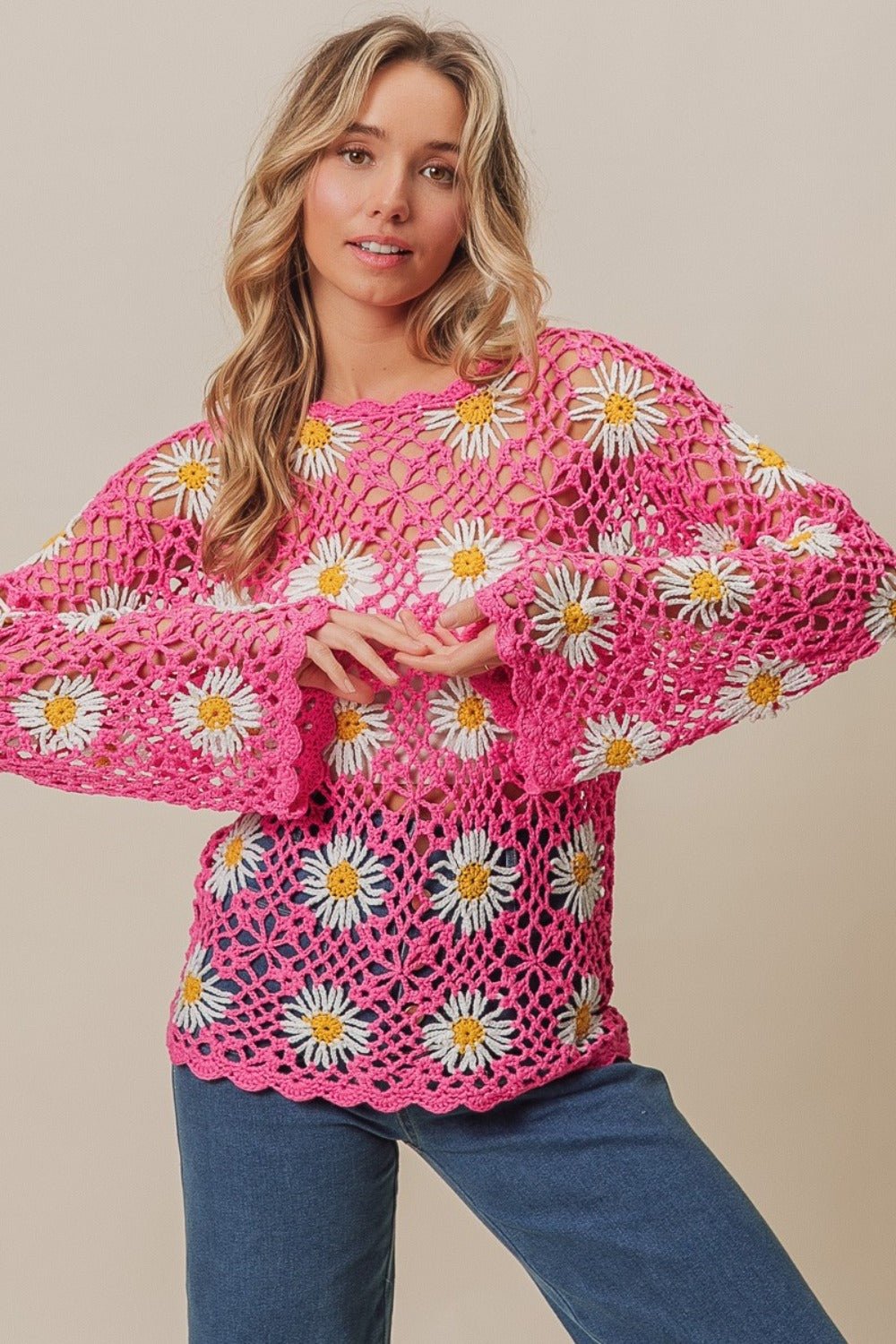 BiBiDaisy Crochet Lace Top in Fuchsia