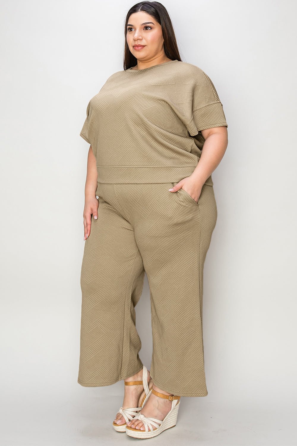 Double TakeTextured Short Sleeve Top and Pants Set