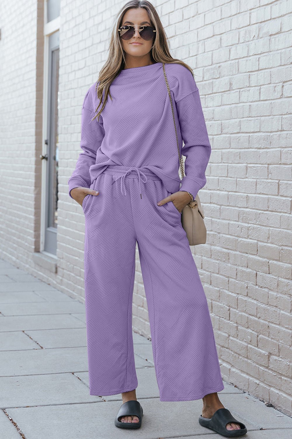 Double TakeTextured Long Sleeve Top and Drawstring Pants Set