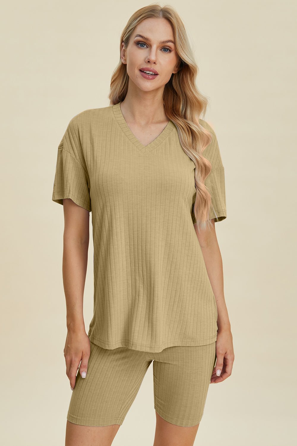 Basic BaeRib Knit V - Neck Short Sleeve Top and Shorts Set