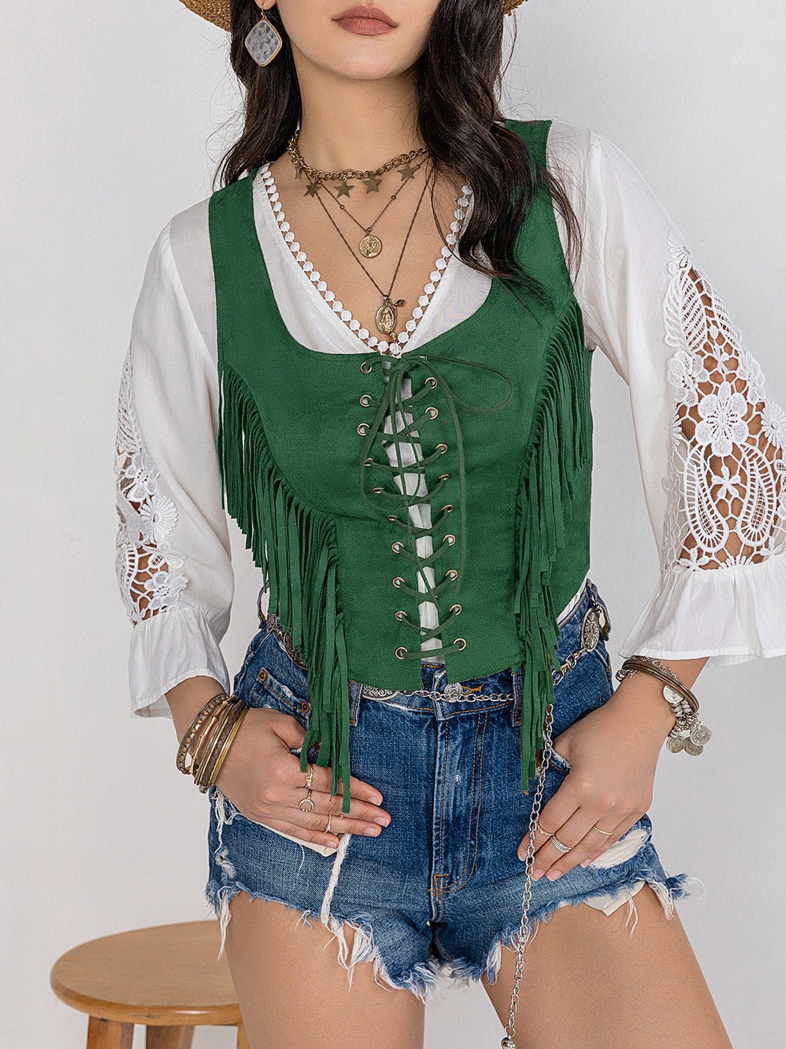 Beach Rose Co.Lace - Up Sleeveless Fringe Vest in Dark Green