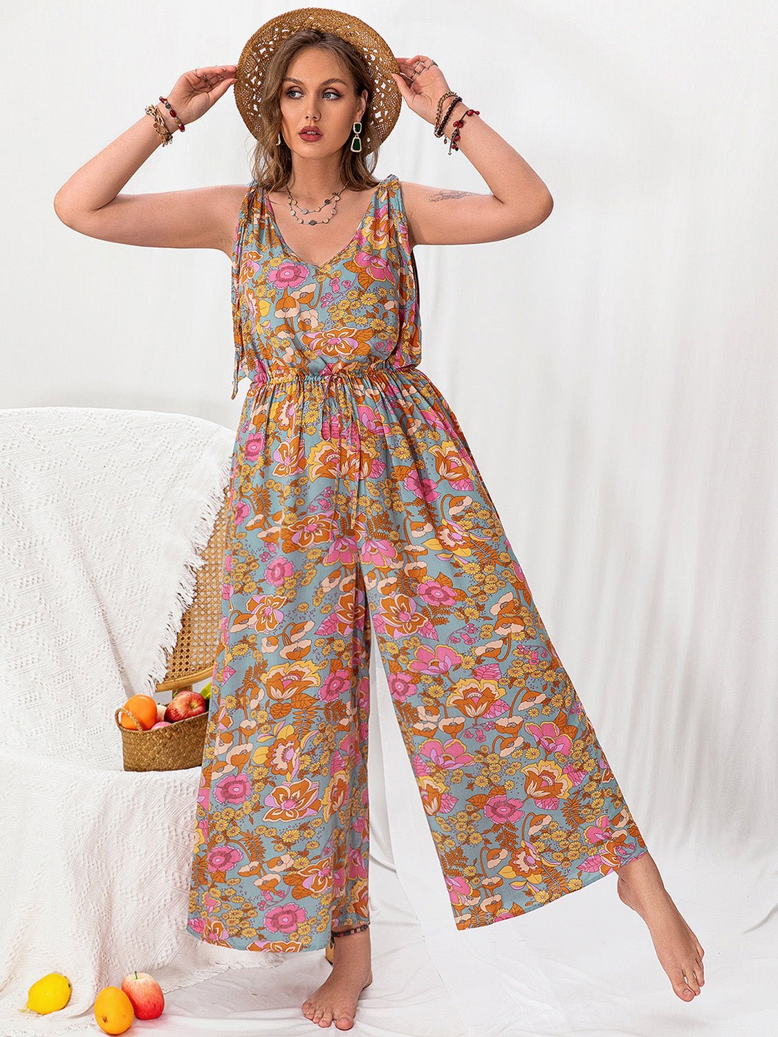 Beach Rose Co.Plus Size Multicolor Printed Wide Leg Sleeveless Jumpsuit