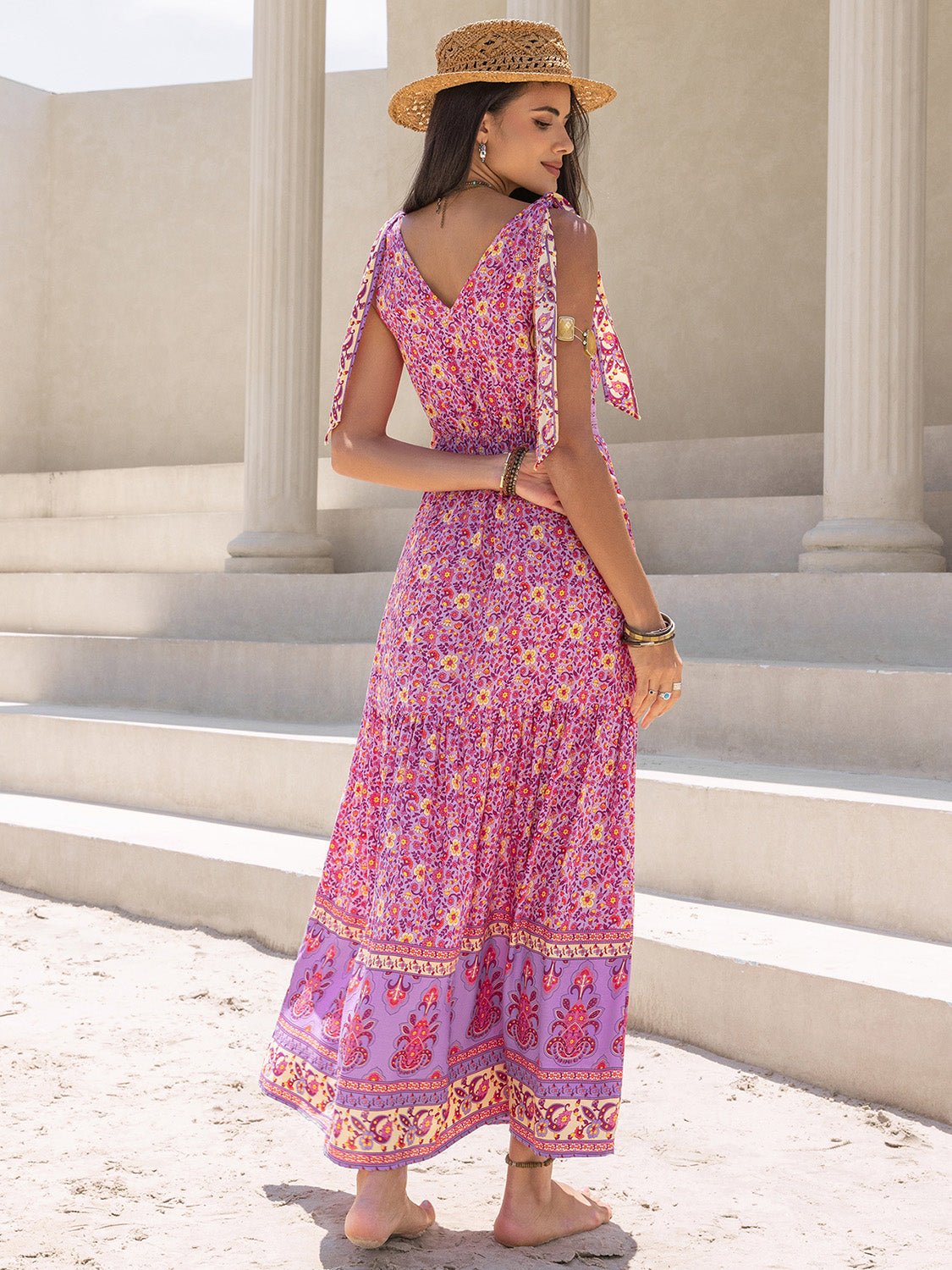 Beach Rose Co.Printed V - Neck Sleeveless Maxi Dress in Fuchsia Pink