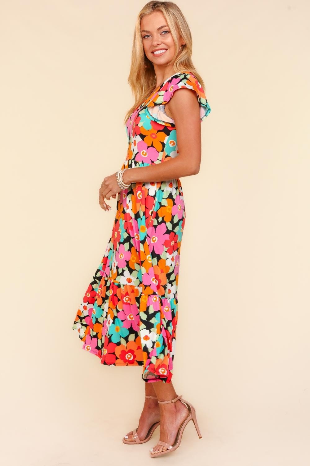 HapticsFloral Midi Dress with Pockets in Coral Mint