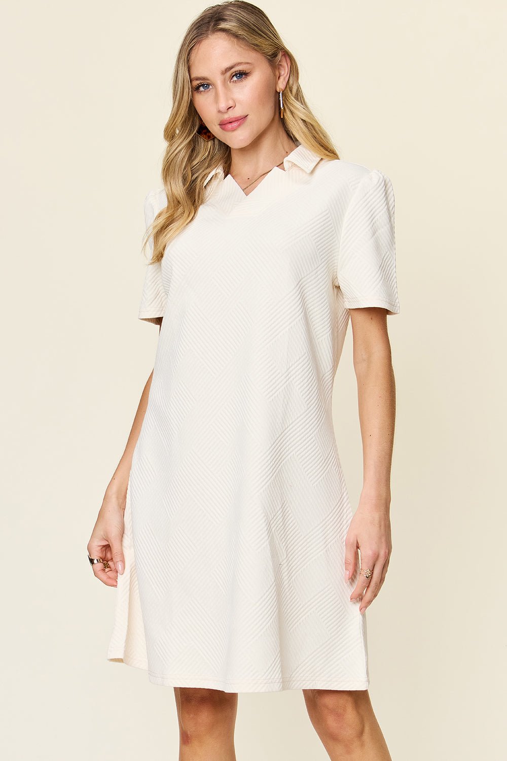 Double TakeTextured Short Sleeve Knee - Length Shirt Dress