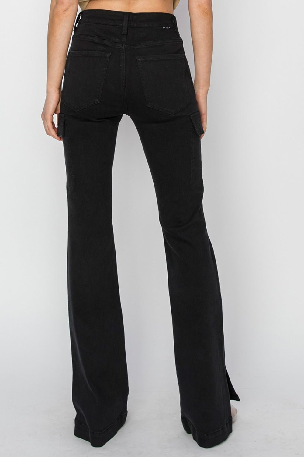 RISENHigh Rise Side Slit Cargo Bootcut Jeans in Black