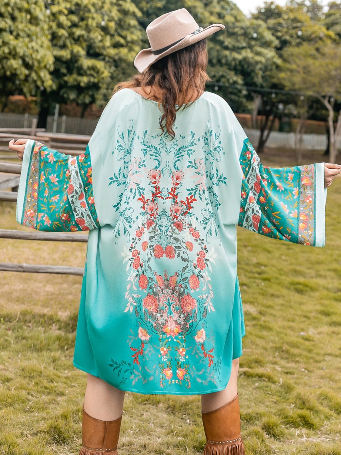 Beach Rose Co.Plus Size Printed Open Front Long Sleeve Cover Up in Turquoise