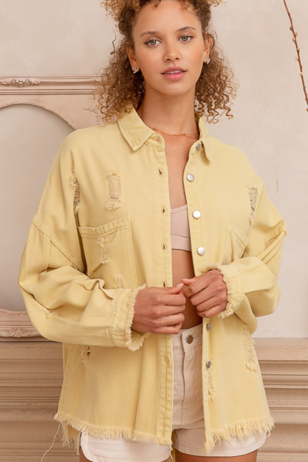 POLButton Down Raw Hem Distressed Shacket in Lemonade