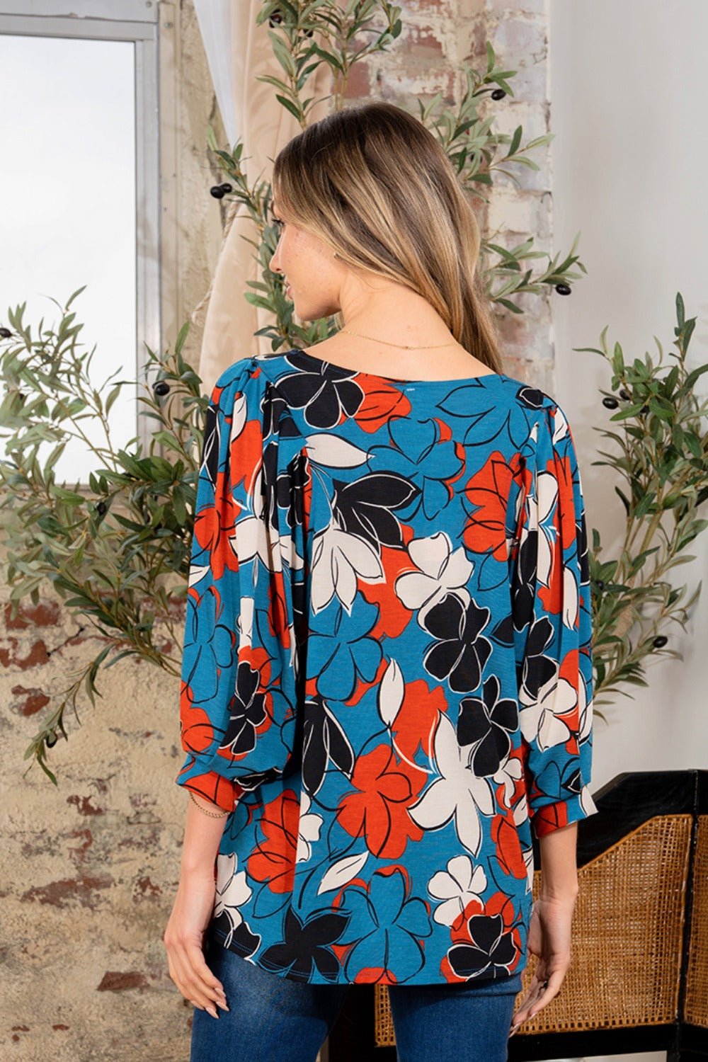 Sew In LovePrinted Boat Neck Blouse in Teal Rust