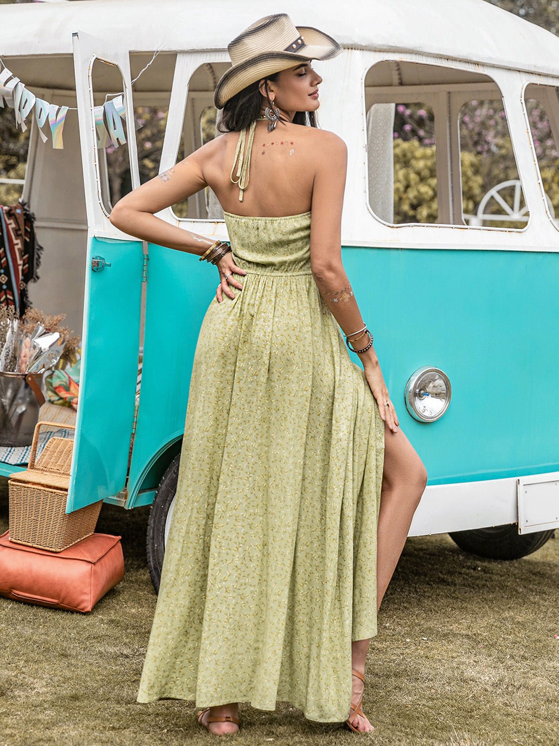 Beach Rose Co.Ditsy Floral Print Halter Neck Maxi Dress in Sage