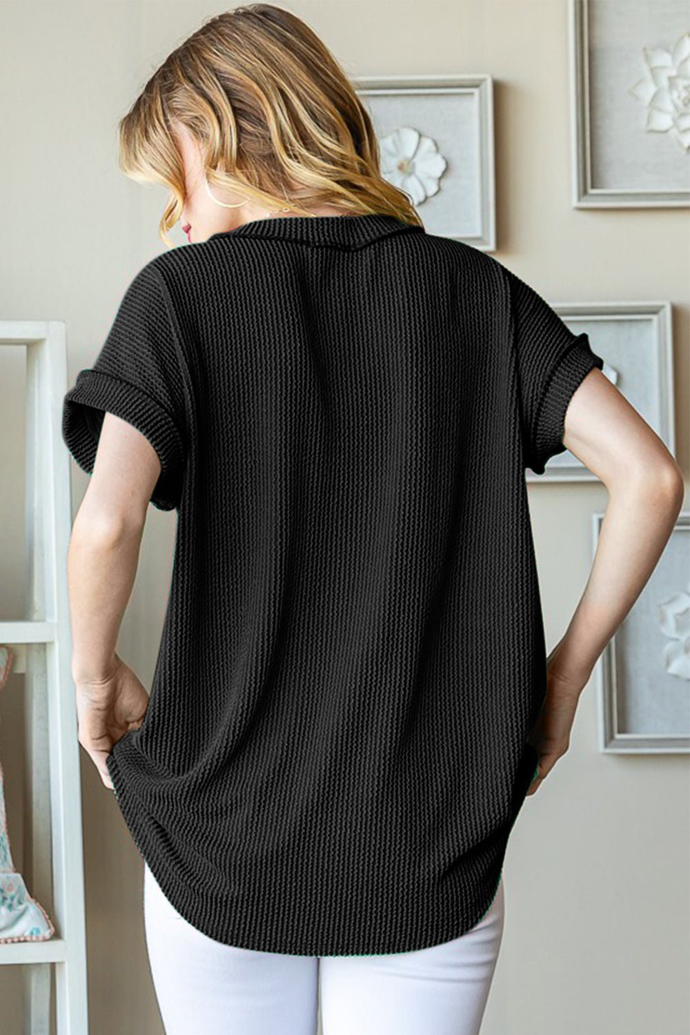 HeimishShort Sleeve V - Neck Rib Knit Top in Black