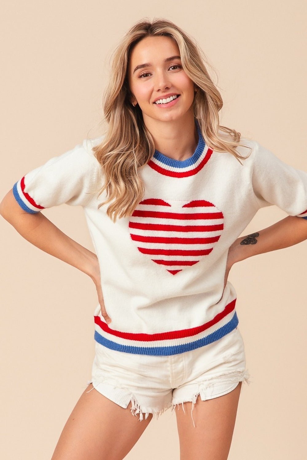 BiBiUS Flag Theme Striped Heart Sweater in Ivory