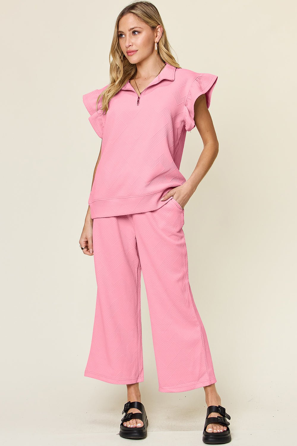 Double TakeTextured Ruffle Short Sleeve Top and Drawstring Wide Leg Pants Set