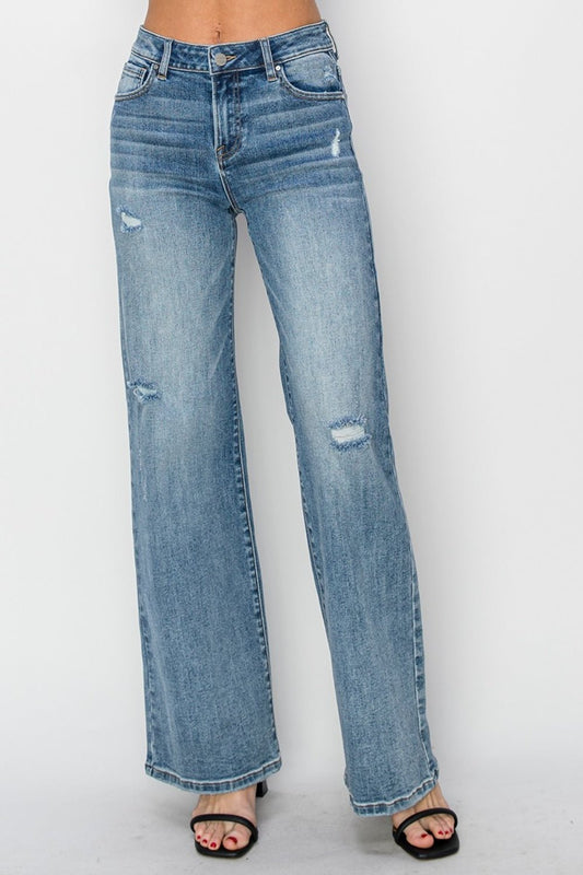 RISENMedium Wash High Waist Distressed Wide Leg Jeans