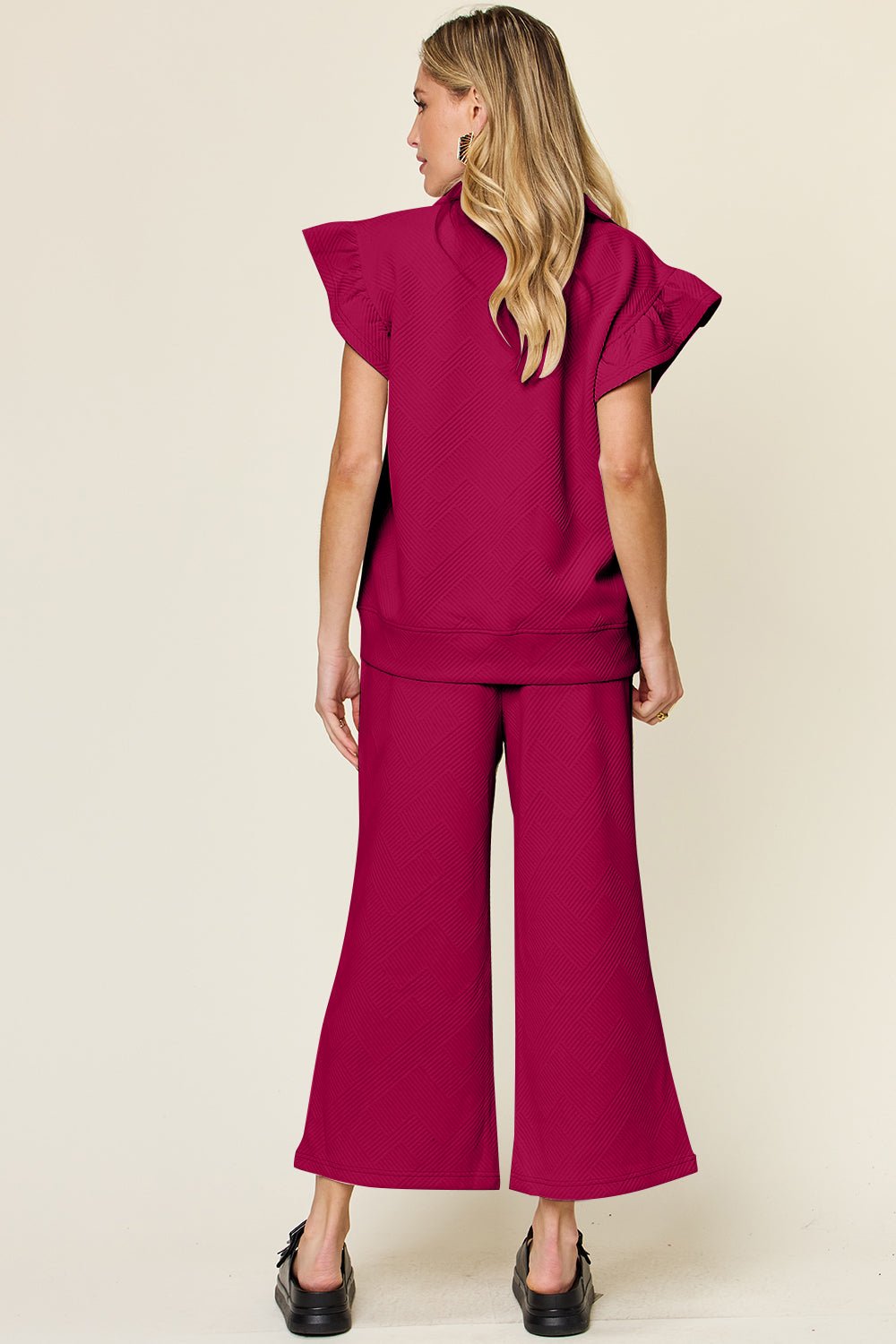 Double TakeTextured Ruffle Short Sleeve Top and Drawstring Wide Leg Pants Set