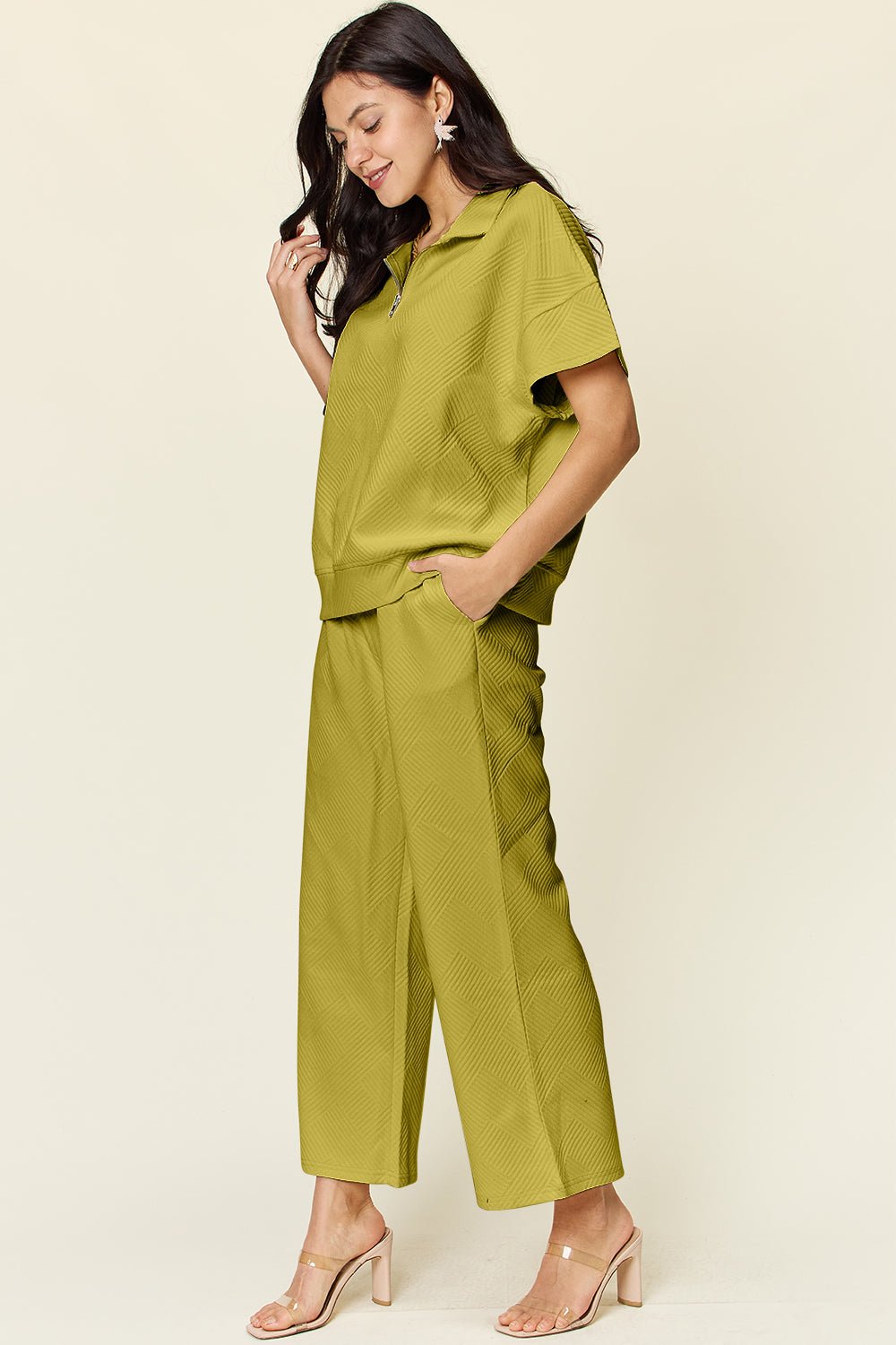 Double TakeTextured Half Zip Short Sleeve Top and Pants Set