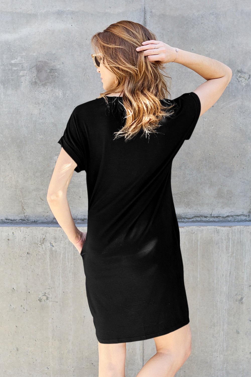 Basic BaeCrew Neck Short Sleeve Mini Tee Dress with Pockets in Black