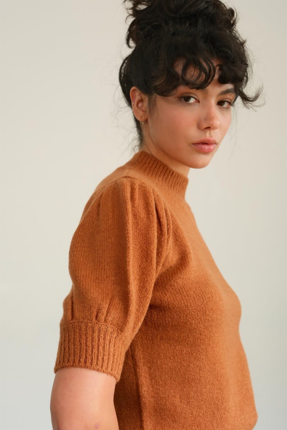 HYFVEMock Neck Puff Sleeve Sweater in Chocolate