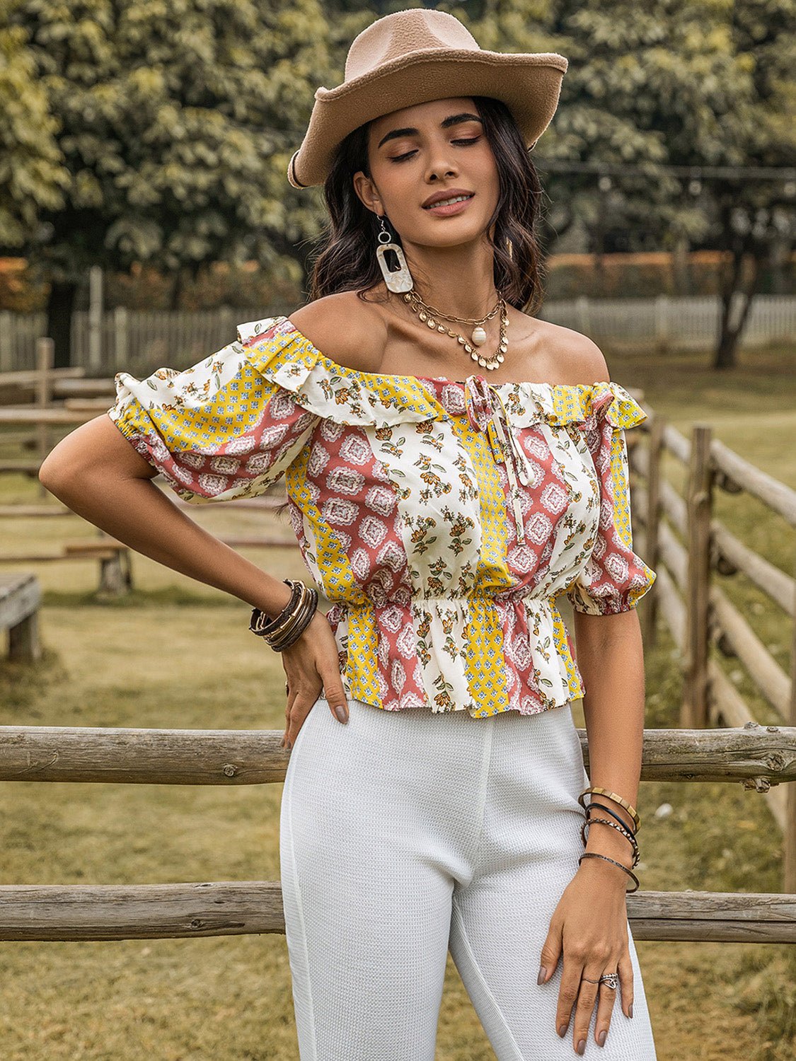 Beach Rose Co.Ruffled Printed Off - Shoulder Short Sleeve Peplum Blouse