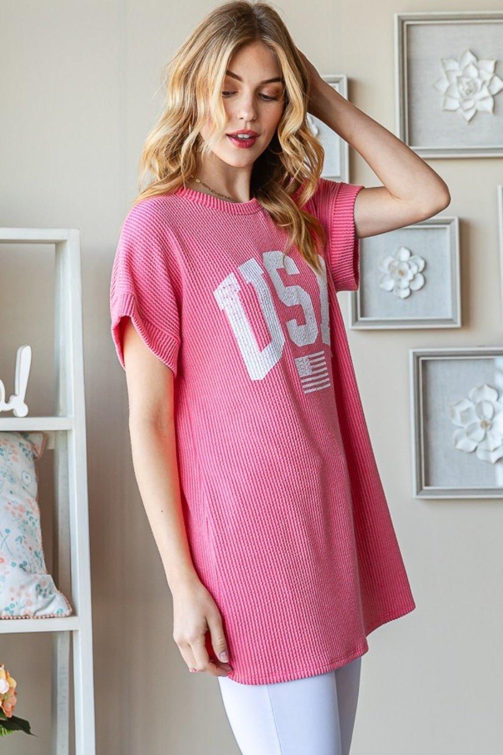 HeimishUSA Graphic Short Sleeve Rib Knit Top in Coral