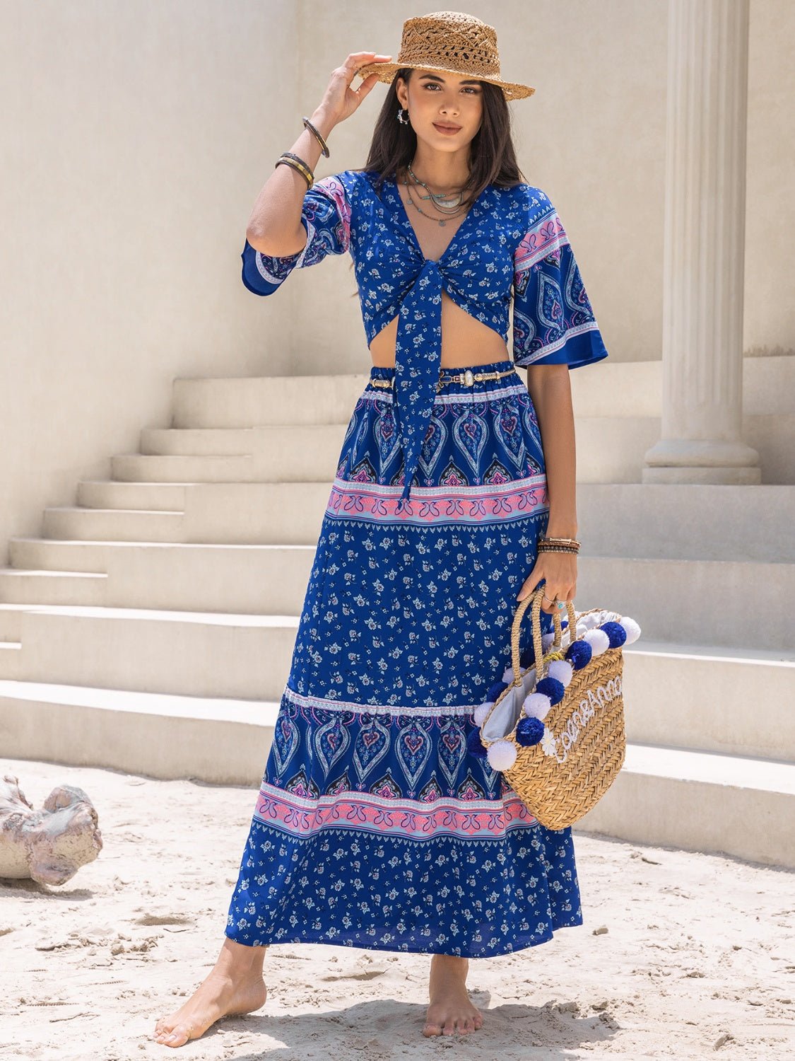 Beach Rose Co.Printed Flutter Sleeve Crop Top and Maxi Skirt Set in Dark Blue