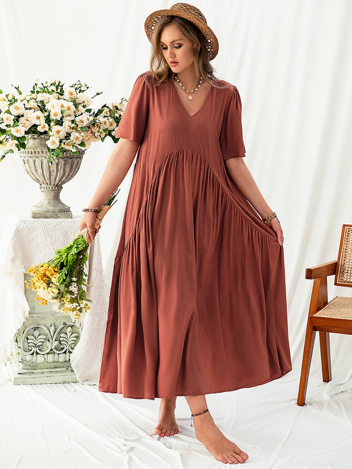 Beach Rose Co.Plus Size V - Neck Flutter Sleeve Midi Dress in Rust