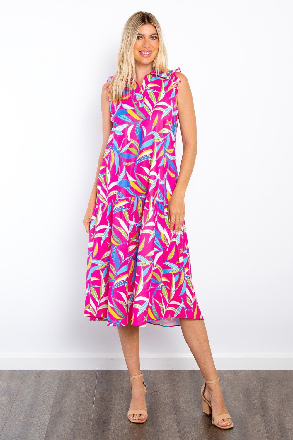 BE StageSleeveless Ruffle Trim Midi Dress with Pockets in Fuchsia Print