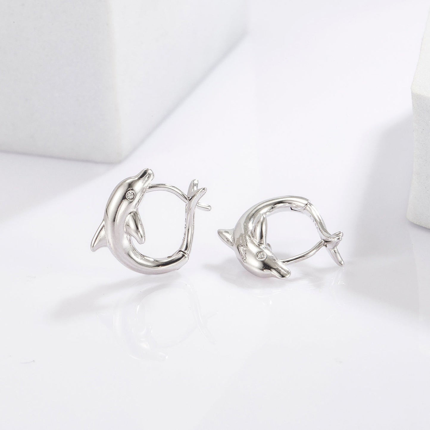 Beach Rose Co.Silver Zircon Dolphin Hoop Earrings