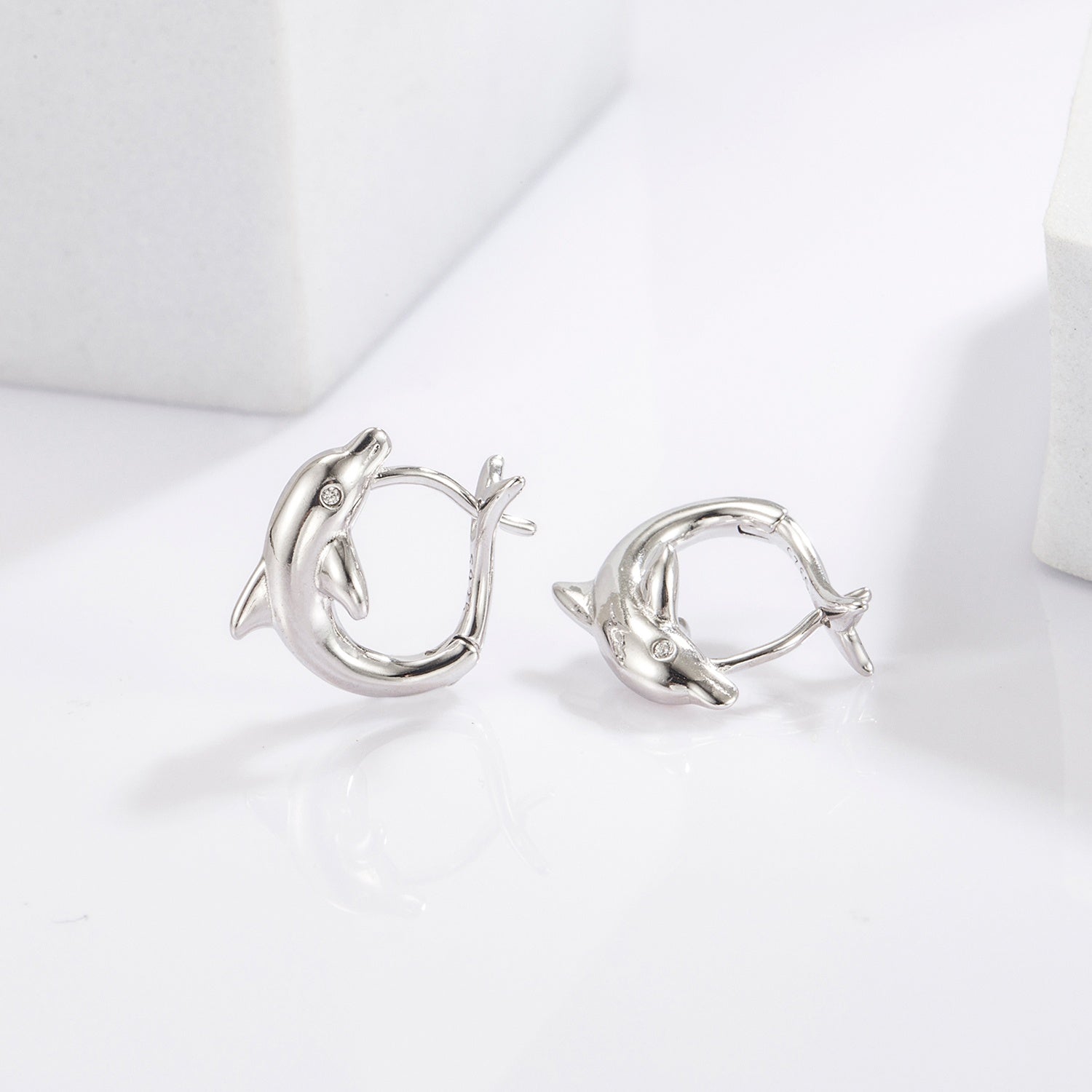 Beach Rose Co.Silver Zircon Dolphin Hoop Earrings