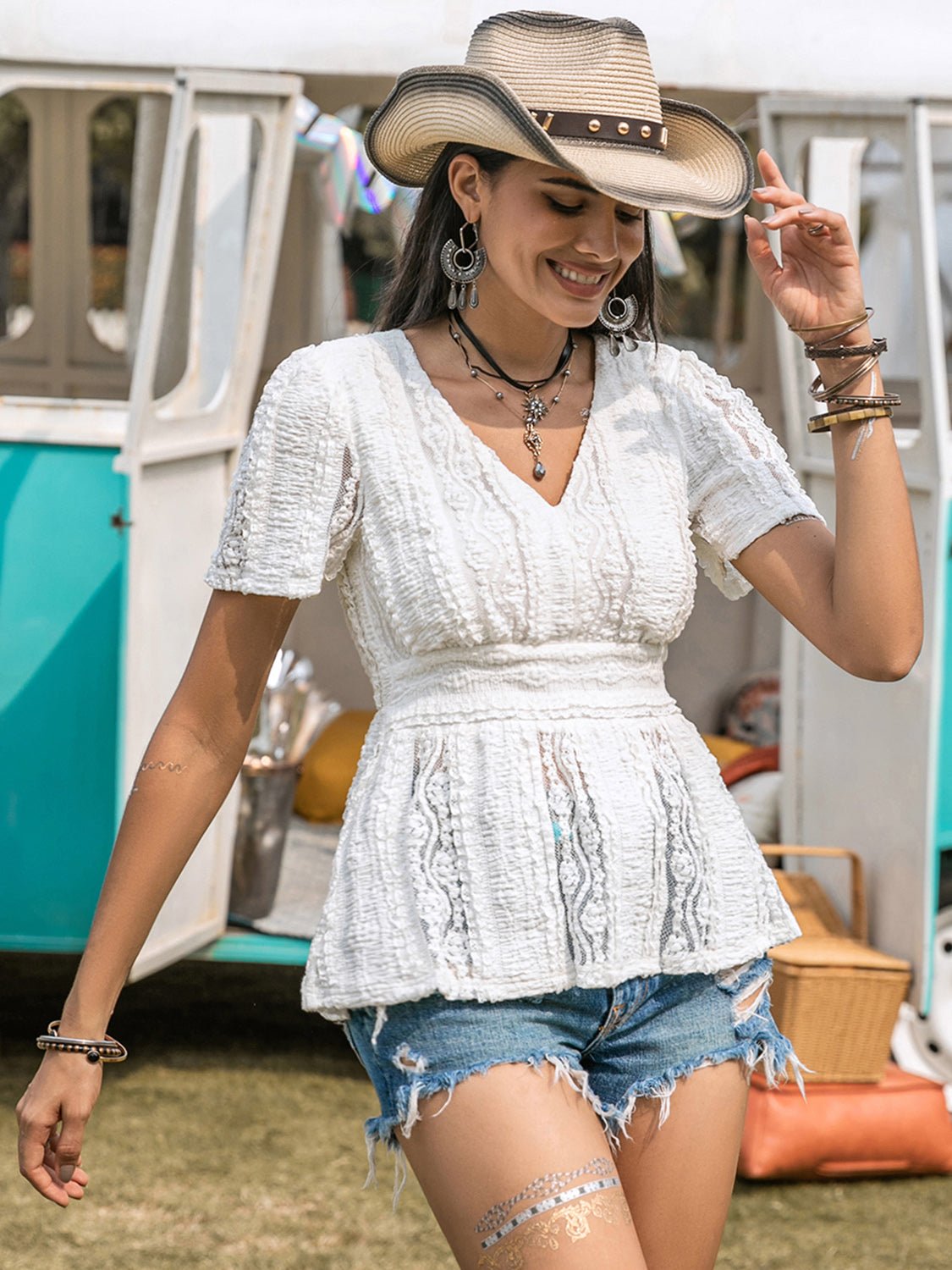 Beach Rose Co.Lace V - Neck Short Sleeve Top in White