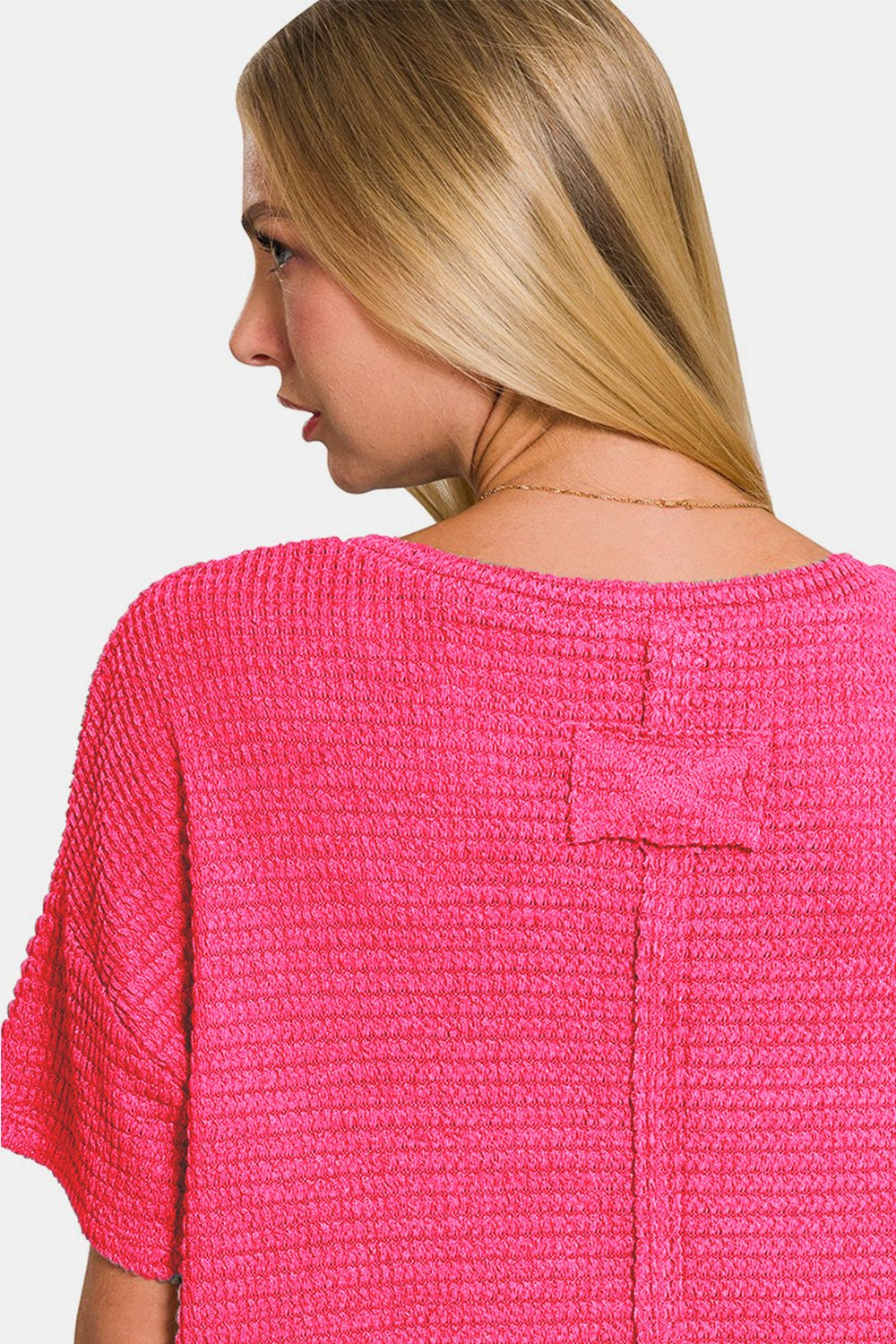 ZenanaDrop Shoulder Short Sleeve Waffle Knit Top in Fuchsia