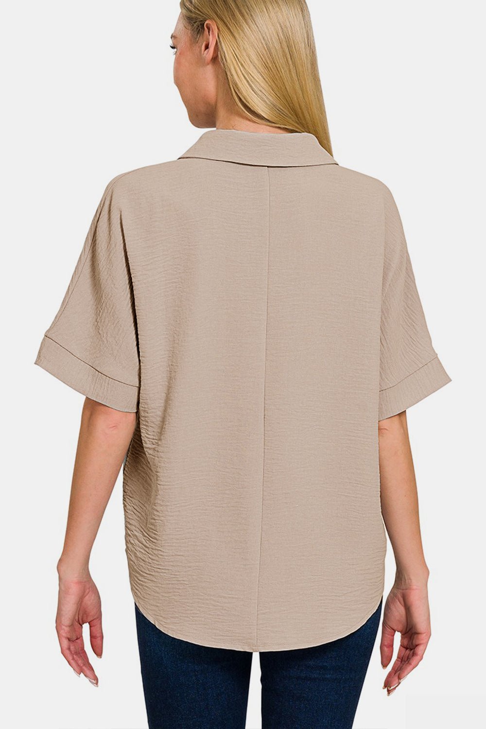 ZenanaTextured Collared Short Sleeve Top in Ash Mocha