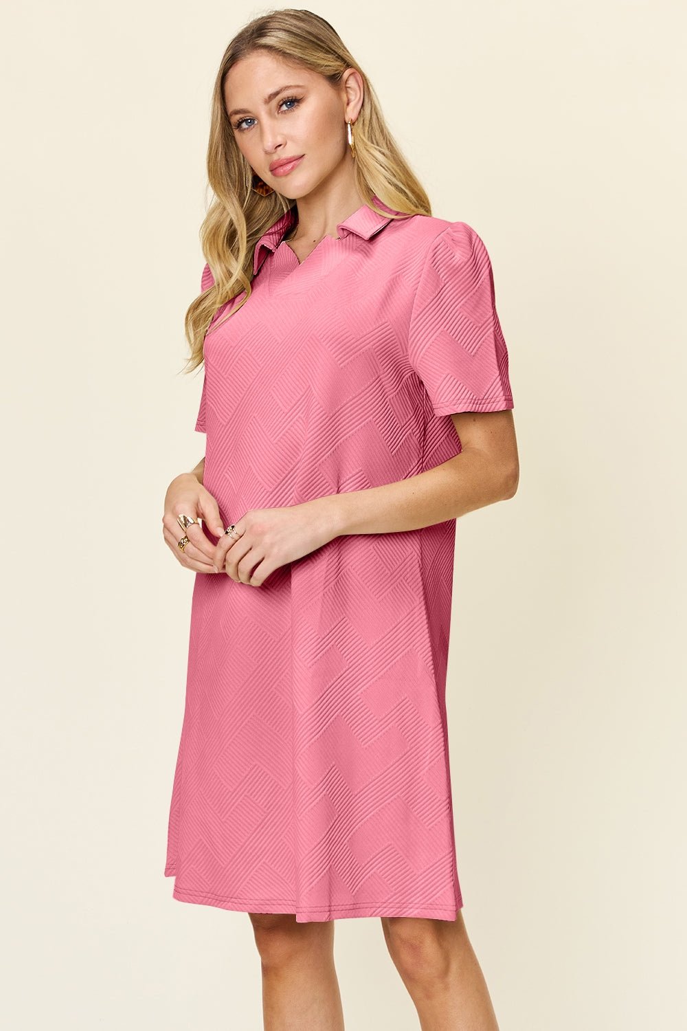 Double TakeTextured Short Sleeve Knee - Length Shirt Dress