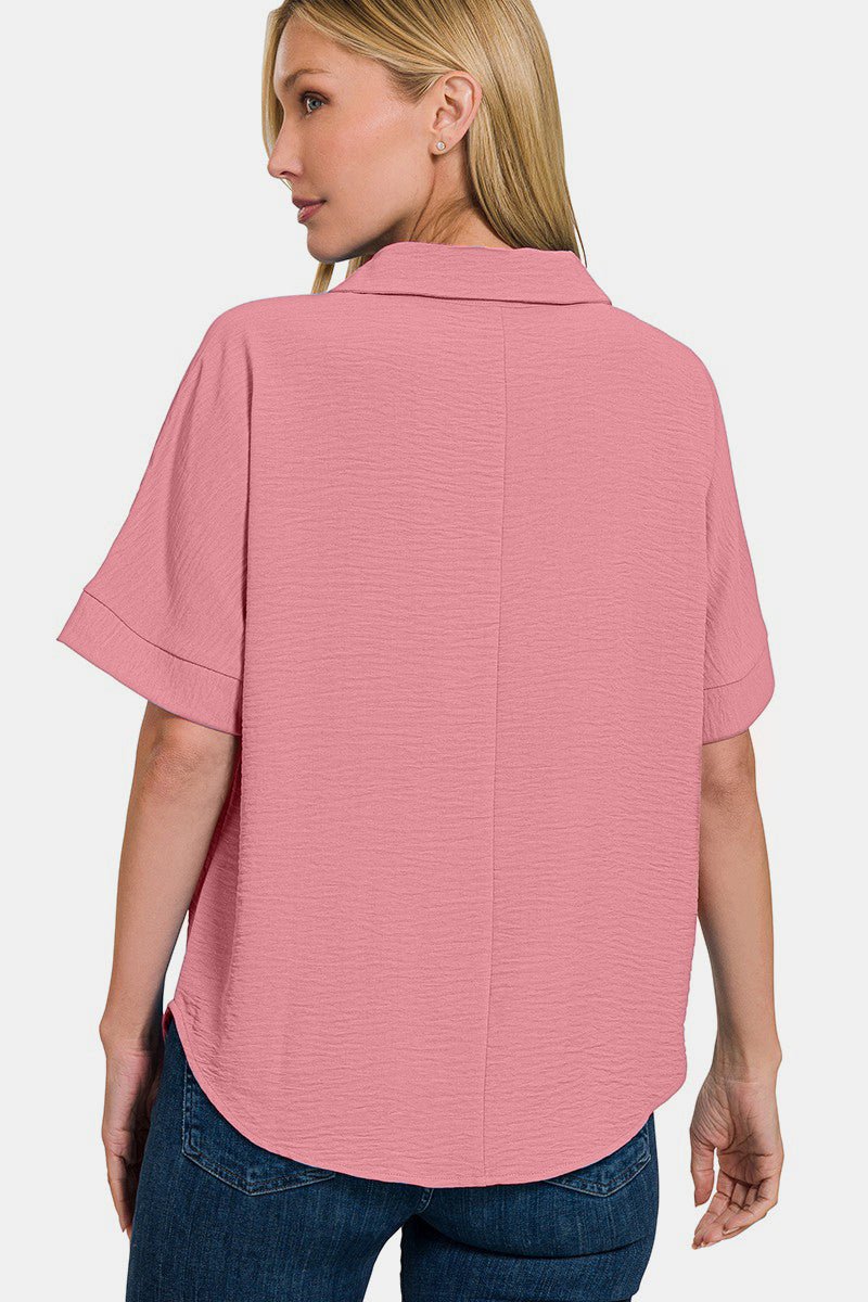 ZenanaTextured Collared Short Sleeve Top in Light Rose